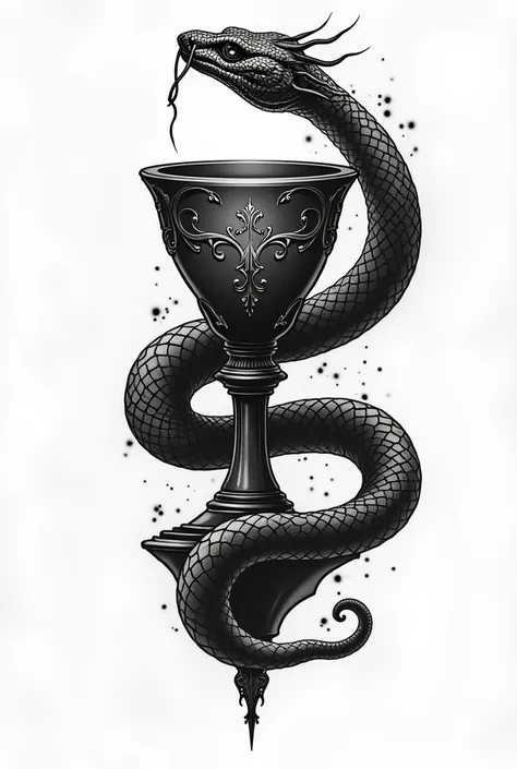 black and white tattoo of a snake surrounding a chalice. This snake tries to reach something

