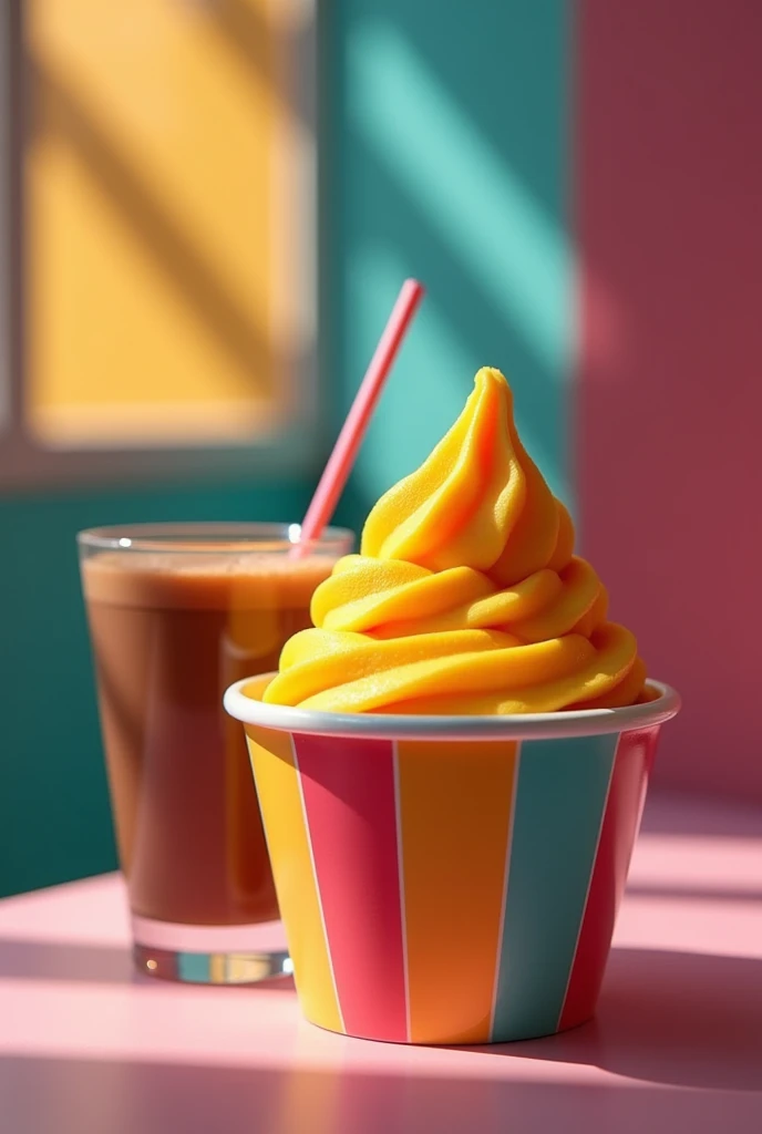 Social realism+Op art, backlighting, wide shot, from side, atmospheric perspective+soft serve mango flavored ice cream in a colorful bowl + milk chocolate shake with foam+ f/1.2, 35mm, Nikon + Deep Focus+ Without background