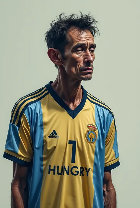 Very sad skinny man with big nose wearing Argentina shirt...with the caption written (I&#39;m hungry)