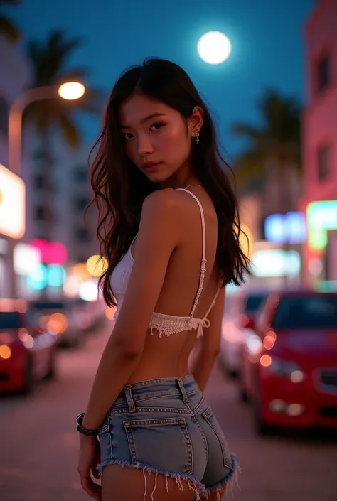 An ultra-realistic, highly detailed photo of an Asian girl with a sexy physique, fair skin, and a slender frame. She is wearing a thin watch on her left hand, thin earrings, and a delicate necklace. She is dressed in a sleeveless top and thigh-high jean sh...