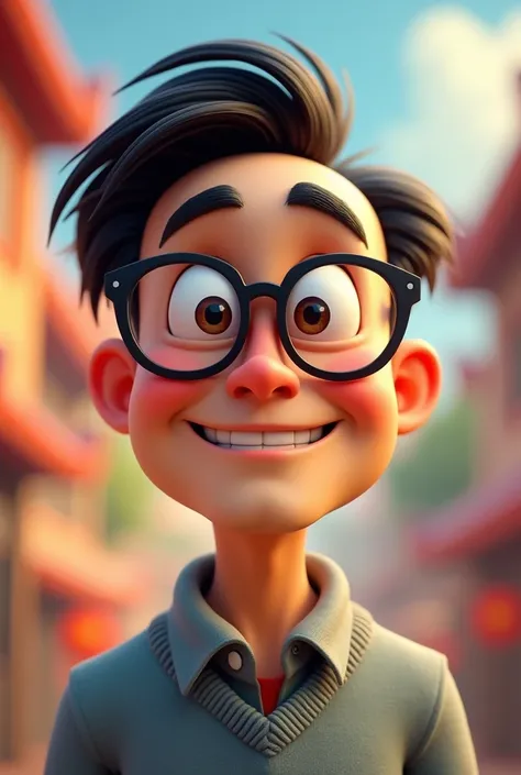 An animated Chinese person man with thick black and white glasses