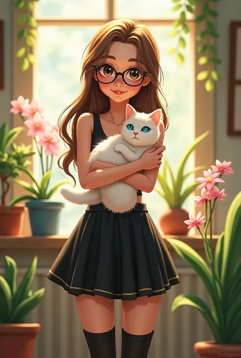 Woman of medium build, Brown eyes, long light brown hair, thick lips, with an eyebrow piercing, black frame glasses, wearing a black skirt, a black tank top, with black knee-high boots and black sheer stockings, smilingly carrying a white cat with blue eye...