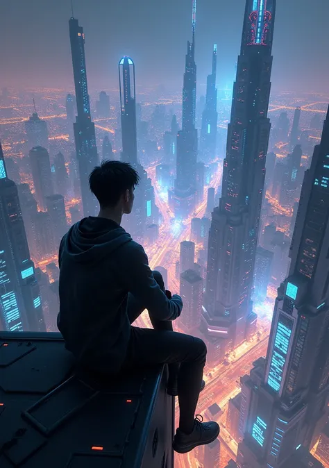 Generate me the image of a young man sitting on a building watching the city at night, buildings with incredible lights, cyber punk style, photorealist