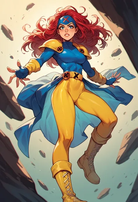 1woman, x-men, comics style, long red hair, blue face-framing headpiece, bodysuit, blue top, yellow shoulder pads, yellow leggings, yellow boots, blue fingerless gloves