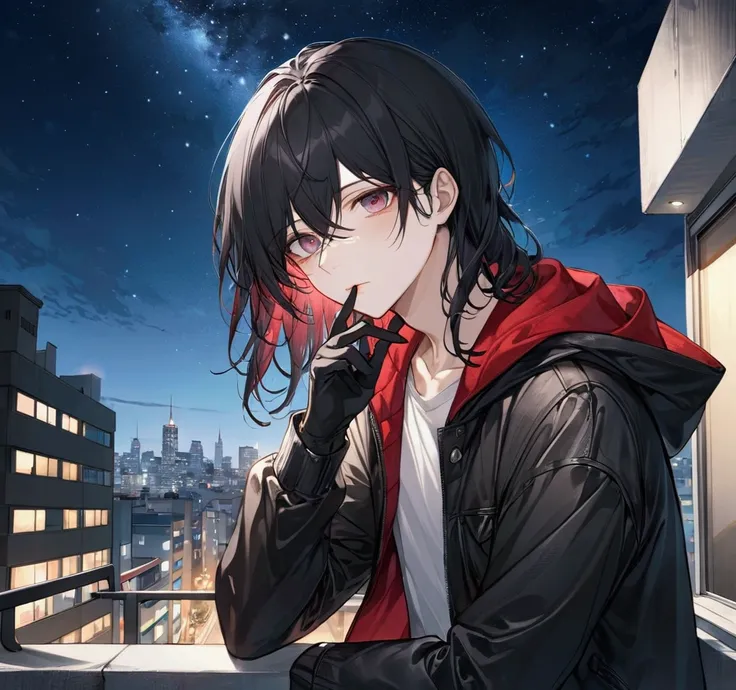 man, a high resolution, gray hood, black leather jacket, detailed face, Perfect eyes, ruby-colored eyes, upper body, whole body, black gloves, cityscape, night, full hole, smoking on the balcony, starry sky, no mutation, manhwa drawing style, long black ha...