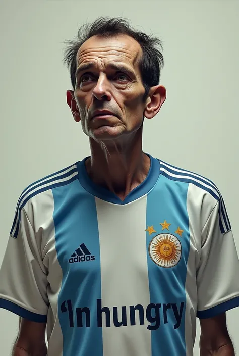 Very sad skinny man with big nose wearing Argentina shirt...with the caption written (I&#39;m hungry)