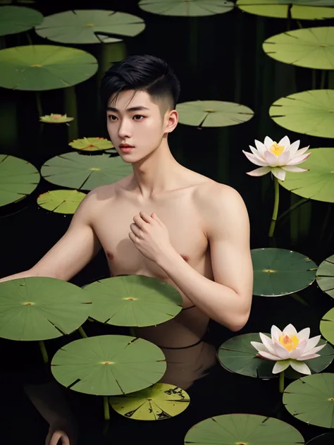 hv, 1 Handsome chinese slim guy, 20 years old, undercut short Hair, delicate face,flower,lily pad,scenery,lotus,leaf,light particles,nature,outdoors,blurry,light rays,plant,underwater,