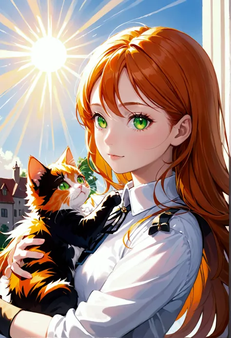 Create an image, on which there will be a person, Young woman, which lives in the sun, she has orange hair and green eyes. She has a pet kitten.. The kitten has fur made of sun rays