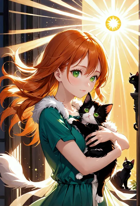 Create an image, on which there will be a person, Young woman, which lives in the sun, she has orange hair and green eyes. She has a pet kitten.. The kitten has fur made of sun rays