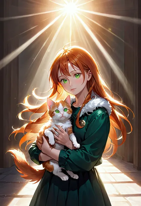 Create an image, on which there will be a person, Young woman, which lives in the sun, she has orange hair and green eyes. She has a pet kitten.. The kitten has fur made of sun rays