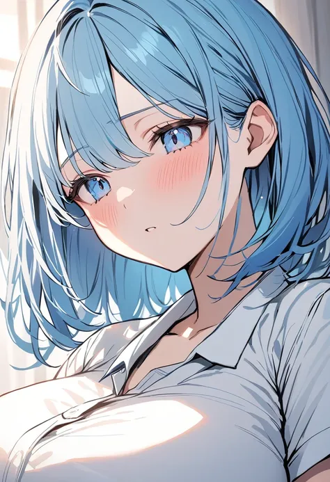 Highest quality, 1girl, solo, pastel blue hair, bob hair, light blue eyes, huge breasts, white polo, drowsy, portrait