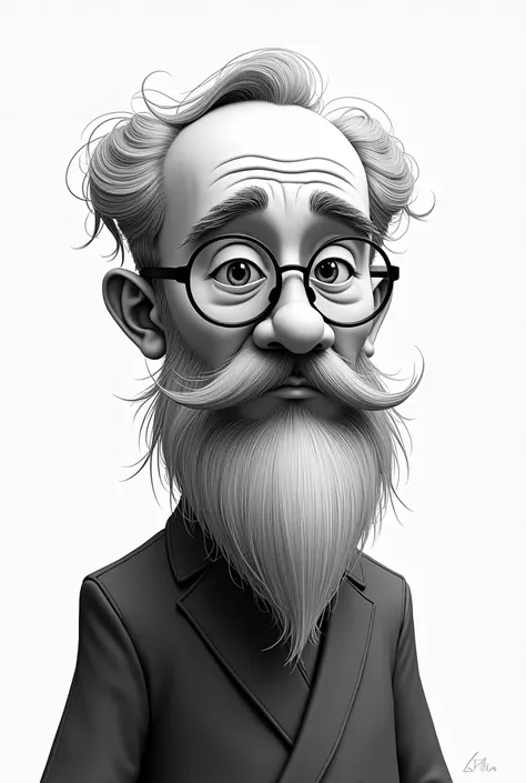 An animated Chinese person man with glasses and beard in black and white 