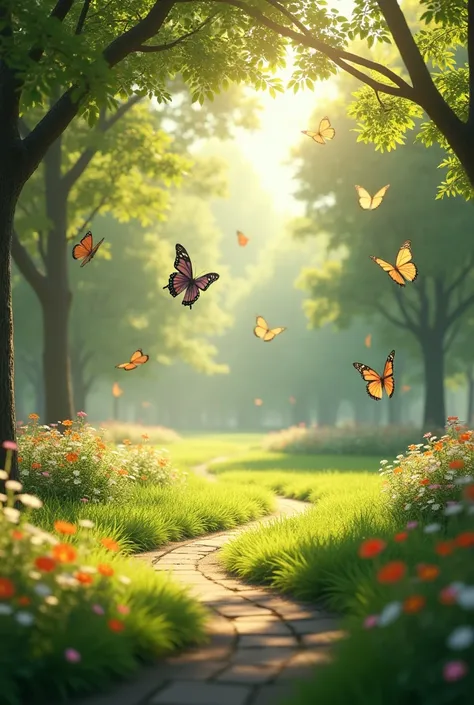 Image of a park with butterflies 

