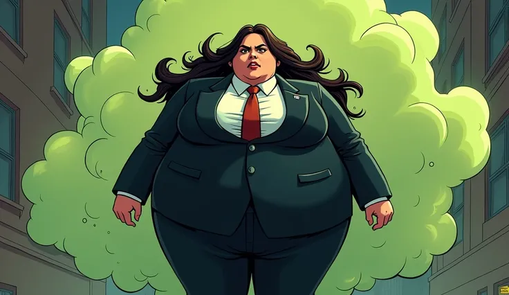 Beautiful long haired morbidly obese female mob boss in her 20s wearing a black mobster suit farts out an olive green gas cloud from her rear end, comic artstyle