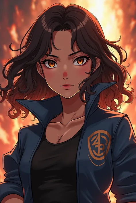 Female character jujutsu kaisen style, with brown skin, brown curly hair,  with brown eyes 