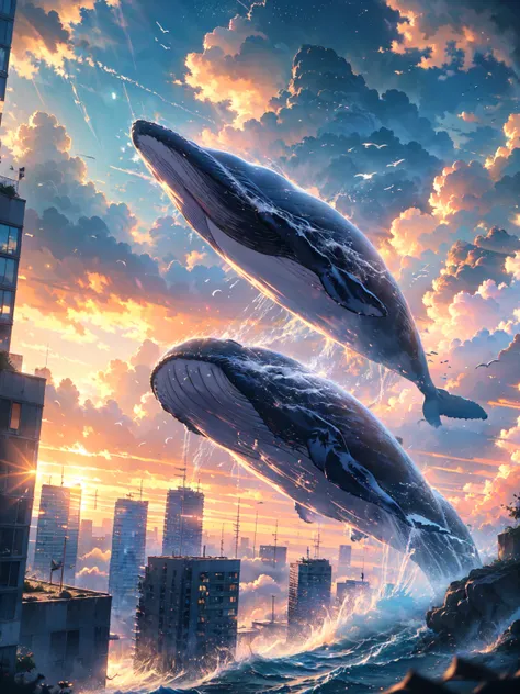 absurdres, (A whale flying between skyscrapers:1.2),Only the huge tail fin is visible, Amazing person々, Heavy Rain, storm, Cloudy, darkness, storm, Vision, Mysterious Clouds, cliff,Thick Fog,Thick Fog, forest,  wood, Only light from the window, Poor visibi...