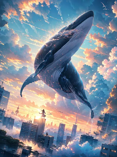 absurdres, (a whale flying between skyscrapers:1.2),only the huge tail fin is visible, amazing person々, heavy rain, storm, cloud...