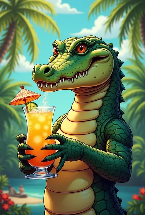 a drawing of an alligator with a glass of caipirinha