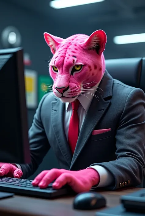 Generate an image of a panther pink in a suit by messing with a computer. Realistic and 4k image