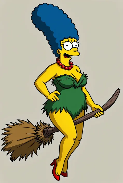 Marge Bouvier, voluptuous, standing, dressed in a tiny green fur dress, riding a witchs broom, held in two hands.