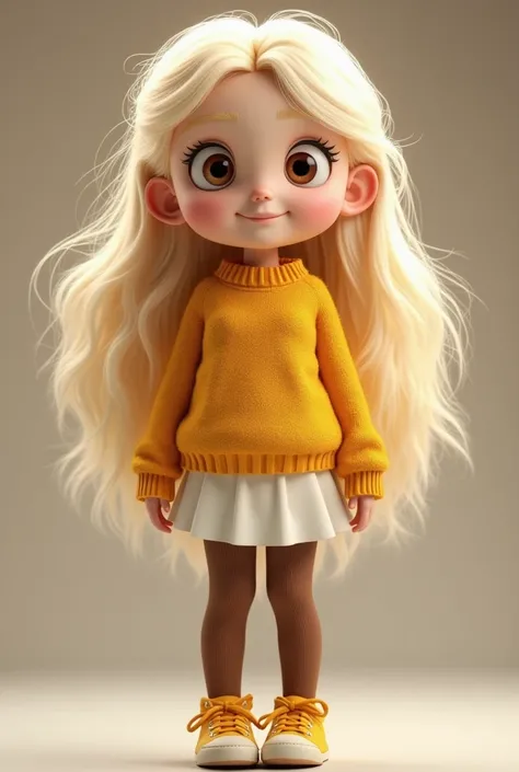 girl , blonde, long fluffy hair, ((very fluffy hair)), brown eyes, big smile, piercing gaze, small pupils, yellow sweater, white skirt, brown tights, yellow shoes with laces, 4k, hd, hyper detailed, high quality