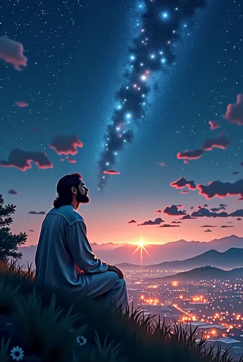 An adult sitting down, looking at the stars on a hill with a lit up city below, with Jesus looking happily at her
