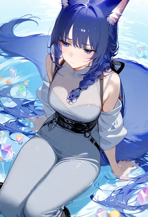 1girl, solo, bangs, hair braided in a low long ponytail, long blue fox ears, grey blue bodysuit, gray big pants, high boots, big fox fire blue tail, dark blue hair, dark blue eyes, sad look, straps on the chest, straps on the waist, short gray-green skirt....