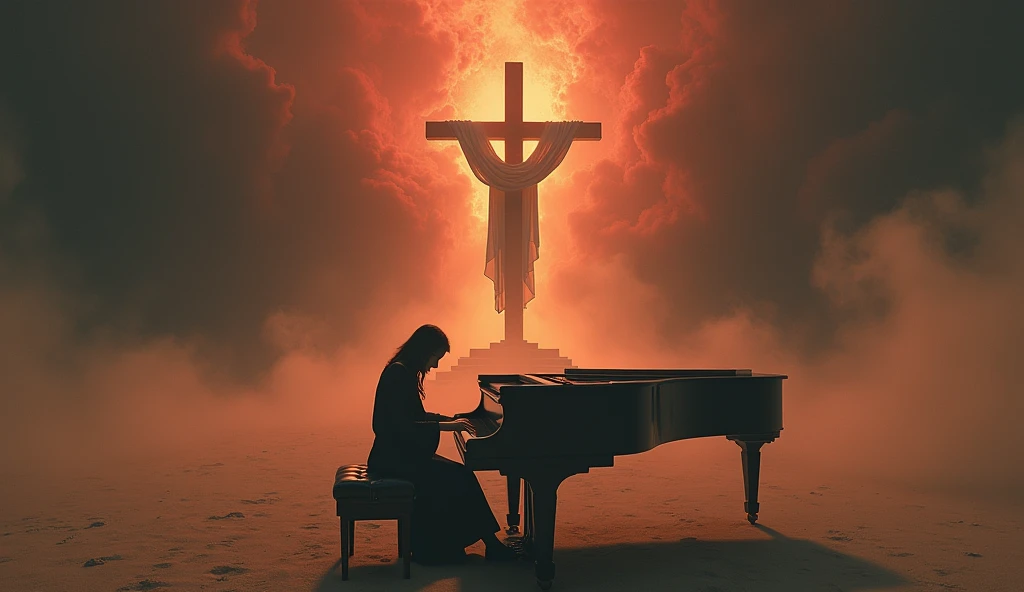 a pianist playing piano in middle apocalyptic sand, dust and smoke, The image depicts a powerful scene with a solitary wooden cross, standing majestically atop a platform surrounded by swirling mists. A white cloth is draped over one arm of the cross, catc...