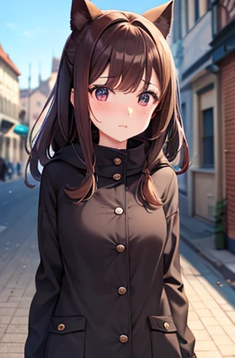 A  girl walking around wearing a cute hot clotes, dark brown hair, scared