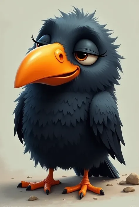 The image of a crow with an orange beak and sleepy and sleepy eyes, a lazy crow with prominent eyes and a large and round beak that resembles cinematic animations, the image of crows should be similar to the crows on the metarooks.io website.