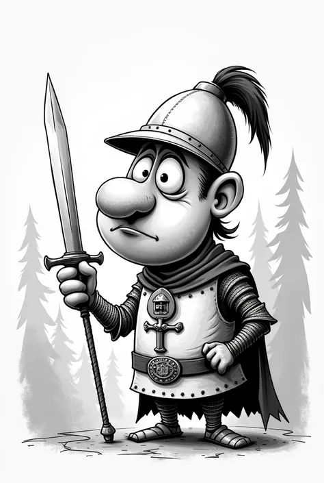 Create a black and white cartoon about the "honor" with a central character as a knight, but caricature deformity: exaggerates the head, large eyes, and a prominent jaw. Use simple, thick lines, with a minimalist background (like a scale). Give him an exag...