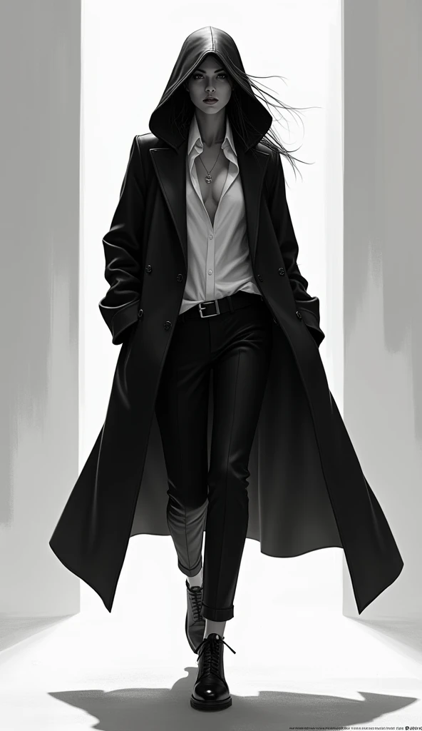 Concept art of a woman in a black and white suit and hoodie walking, inspired by Marek Okon and trending on Artstation. This neo-figurative piece draws influence from Spider-Gwen and the style of graphic artist Artgerm, showcasing extremely detailed and ca...