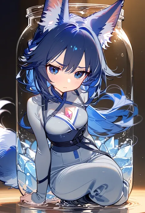 1girl, solo, bangs, hair braided in a low long ponytail, long blue fox ears, grey blue bodysuit, gray big pants, high boots, big fox fire blue tail, dark blue hair, dark blue eyes, sad look, straps on the chest, straps on the waist, short gray-green skirt....