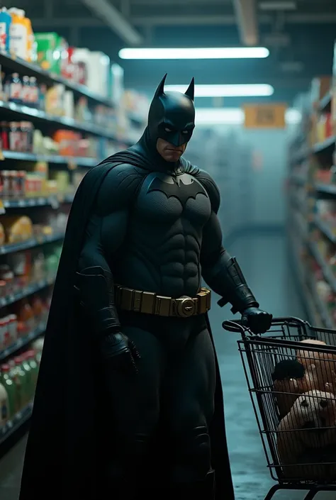 a batman shopping in a supermarket, pushing a shopping cart and checking products, detailed facial features, extremely detailed eyes, high quality, cinematic lighting, photorealistic, 8k, hyper detailed, dramatic composition, moody atmosphere, dark and gri...