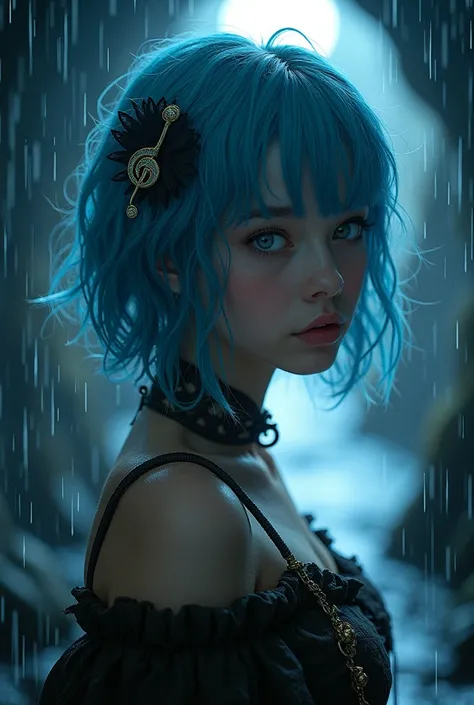 (Beautiful girl on logl:1.3), viking clothes, full moon ,Masterpiece, highest quality, 1girl, Harajuku fashion coordination girl, (Puella Magi Madoka Magica, Sayaka Miki, blue hair, blue eyes, short hair,), musical note hair ornament, rain outside, intrica...