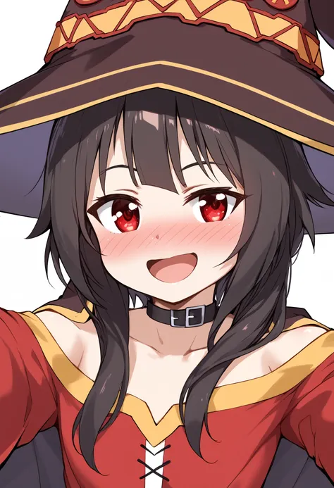 portrait, megumin, short hair, black hair, (red eyes:1.3), short hair with long locks, winking, happy, nose blush,