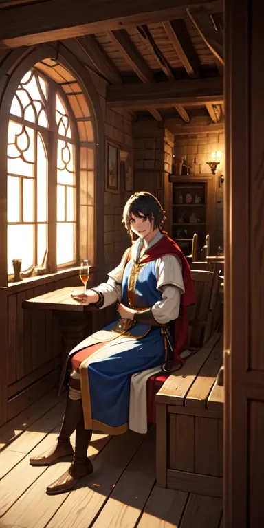 A magnificent medieval tavern　A hero waiting for his friends to come home for a drink　nice smile