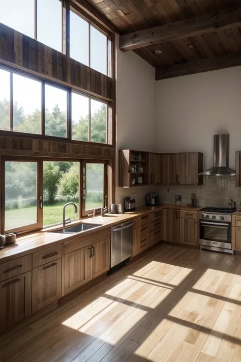 modern and rustic residential house, good cost benefit. rendered image, realisitic. Wooden doors and large windows. hall, kitchen, integrated hatar room.