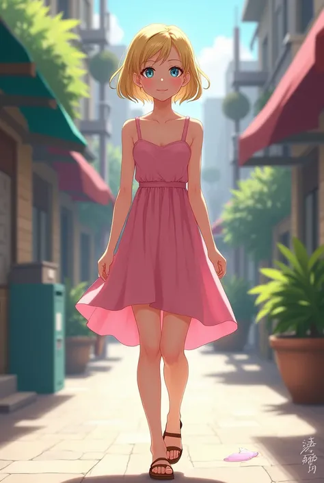 Levely, a girl, blonde, short hair
neck height, tall blue eyes, wears a pink dress with shoulder straps walking down the street with sandals, full body, frontal view, Close-up, realistic