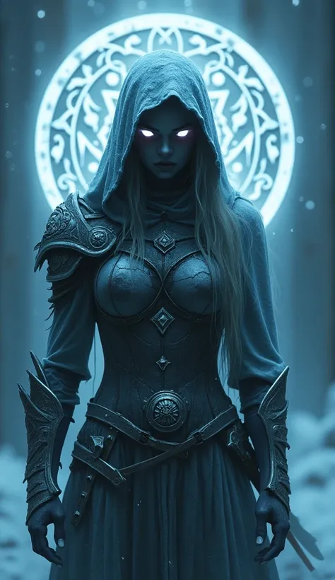 A ghostly female silhouette. Messenger of Ice God. Undead . Screaming.frozen armor. Cracked armor. Canvas hood. Runic circle. Elements. Ice from inside. Glowing eyes. Bokeh blur. ral-dissolve. photorealistic, BadDream 