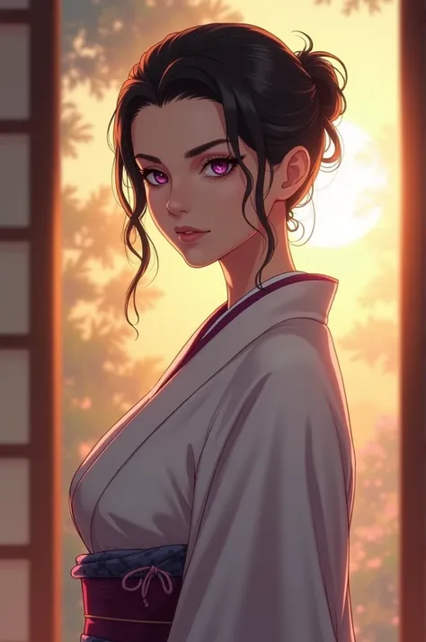 mature woman, tied black hair, with purple eyes, with sharp pupils, mature body, size M breasts, with white Japanese kimono with purple edges. in the sun is shining