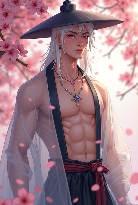 man, solo, manhwa, Geum-hoo, violet eyes, long platinum hair, gat hat, (nude: 1.3), (transparent hanbok), big breasts, cleavage, thighs, coffee ass, (sakura: 1.3)