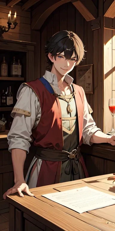 A magnificent medieval tavern　A man waiting for his friends to come home for a drink　　Young male wizard　nice smile