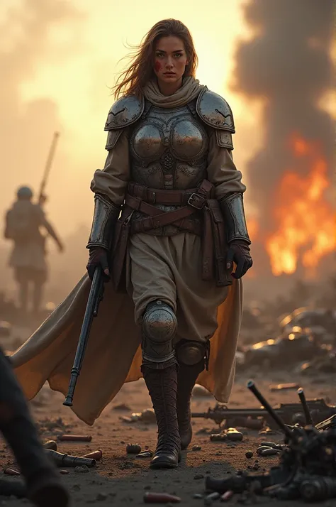 A woman in light armor injured on a battlefield 