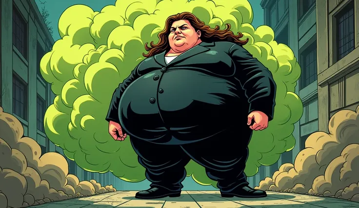 beautiful long haired morbidly obese female mob boss, her outfit is a black mobster suit, she is farting and a smelly olive green gas cloud comes out of her butt, comic artstyle