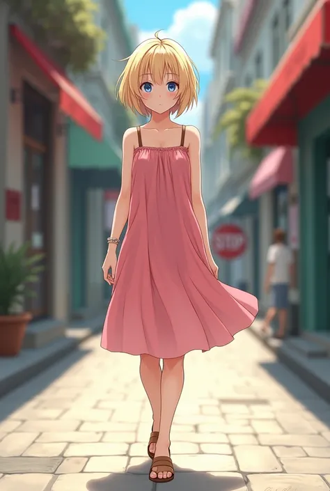 Levely, a girl, blonde, short hair
neck height, tall blue eyes, wears a pink dress with shoulder straps walking down the street with sandals, full body, frontal view, Close-up, realistic