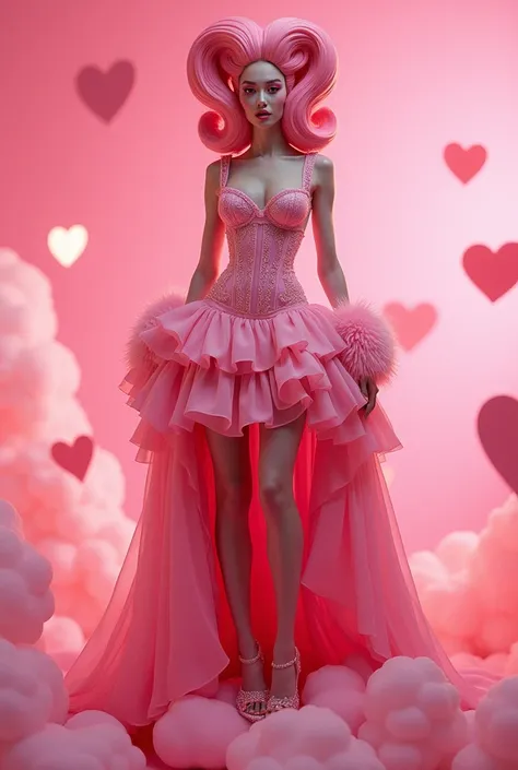 A drag look for a tall, slender person with a love-themed outfit, featuring a heart-shaped hairstyle. The outfit includes a corset and a short skirt with multiple layers, adorned with fur on the sleeves. The outfit is pink, sexy, and playful. The backgroun...