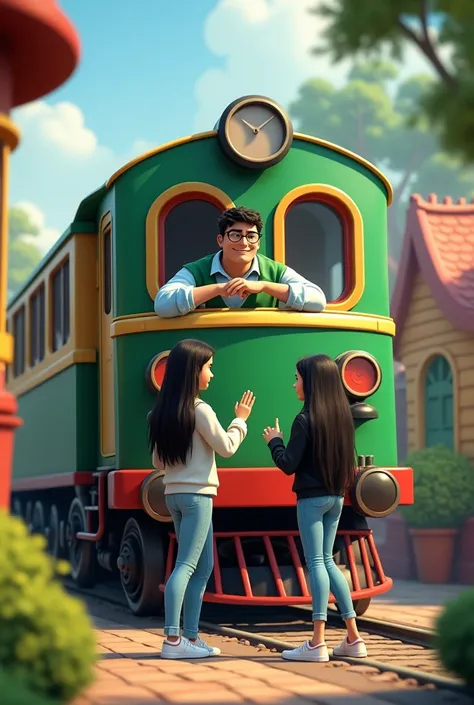 An image where a green and white train appears and inside there is a driver with a green vest and a light blue shirt. (greeting) y afuera esté una chica con cabello oscuro y largo greeting al conductor con jean celeste, White shoes, and black jacket, like ...