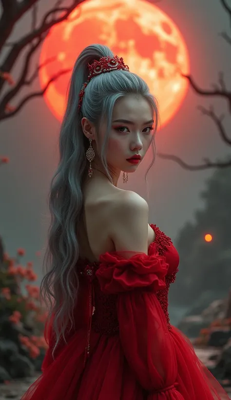 masterpiece, high quality, hcnone, One person, Gray Hair, ponytail, Red Gothic Dress, Chinese fantasy background, Death Gaze, Solar eclipse background