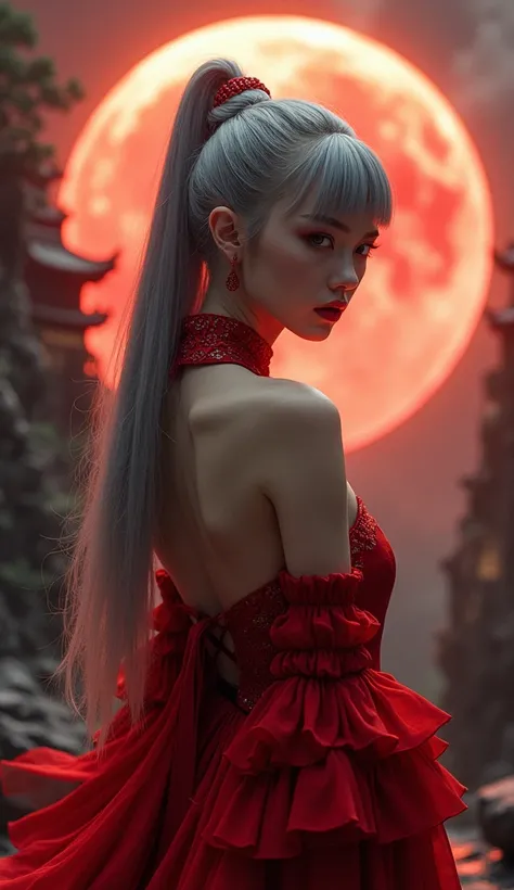 masterpiece, high quality, hcnone, One person, Gray Hair, ponytail, Red Gothic Dress, Chinese fantasy background, Death Gaze, Solar eclipse background